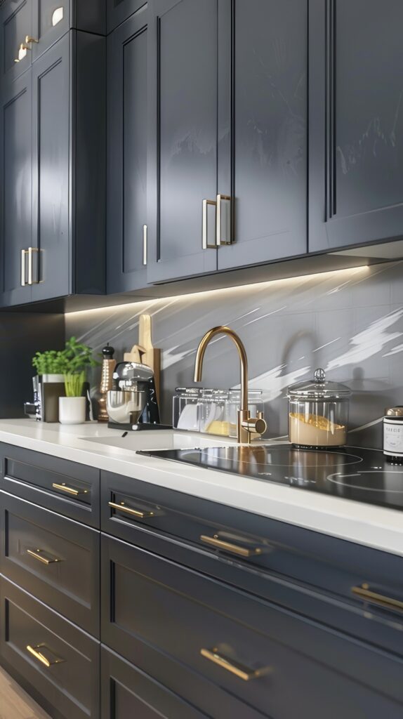 blue cabinets with brass hardware